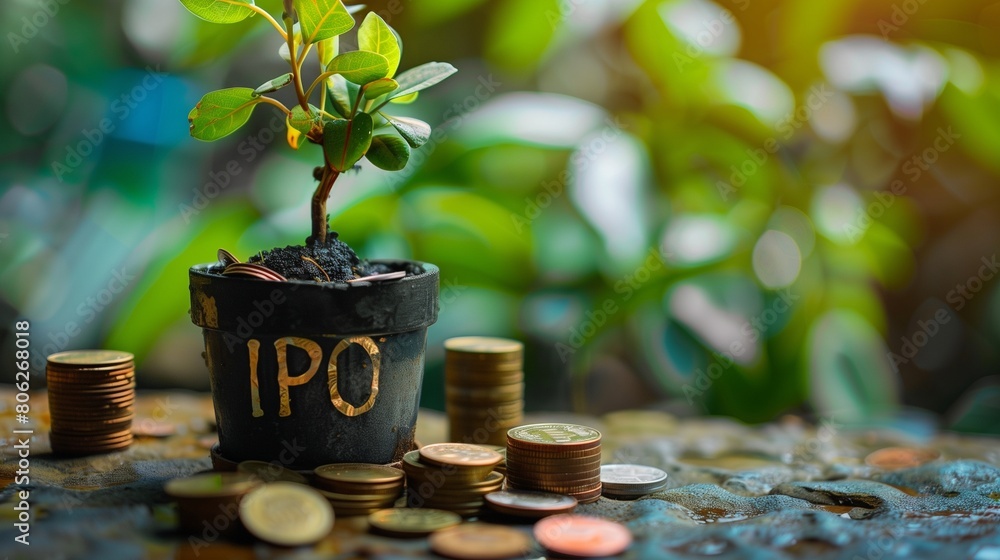 Poster money tree with leaves sprouting from a shiny golden pot labeled ipo, symbolizing the potential fina