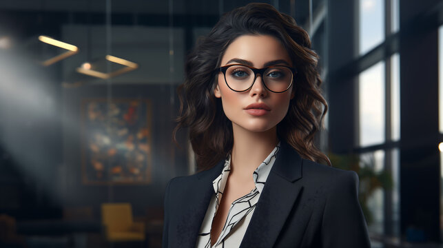 Elegant businesswoman donning a tailored three-piece ensemble and chic glasses, commanding attention with her poised demeanor and refined style, portrayed in lifelike HD detail
