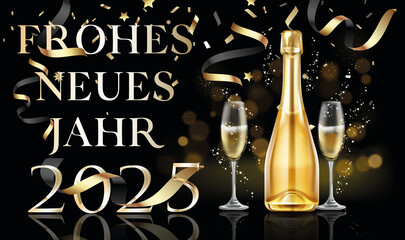 Karte oder Banner, um ein frohes neues Jahr 2025 in Gold zu wünschen, mit einer Flasche und zwei Champagnergläsern auf schwarzem Hintergrund mit Kreisen und Luftschlangen mit Bokeh-Effekt