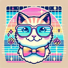 Playful Paws in Pastels: A Trendy Synthwave Cat with Glasses in Post-Impressionist Style. Generative AI