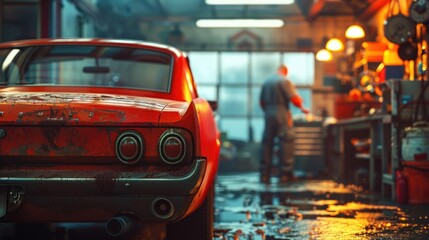 Vintage Red Car in Rustic Garage with Mechanic Working in the Background