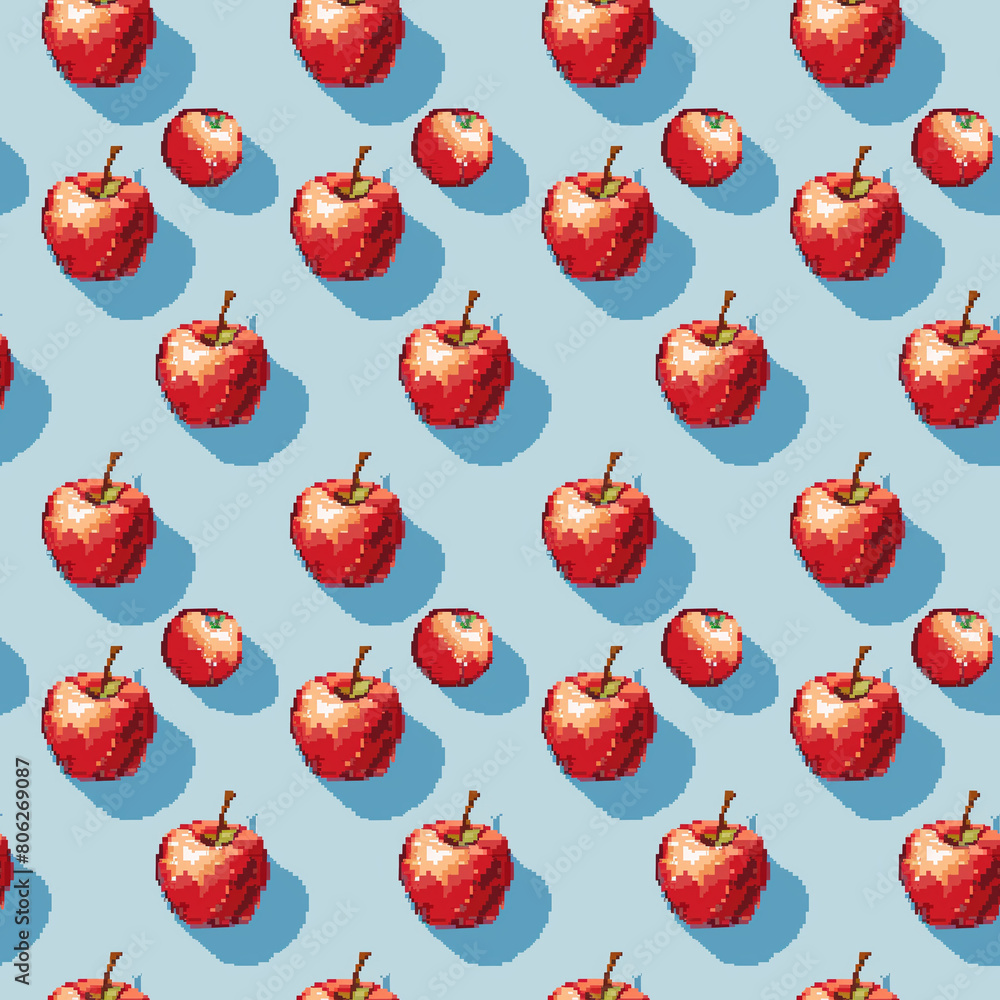 Poster a design featuring a repetitive pattern of pixelated apples set against a blue background.