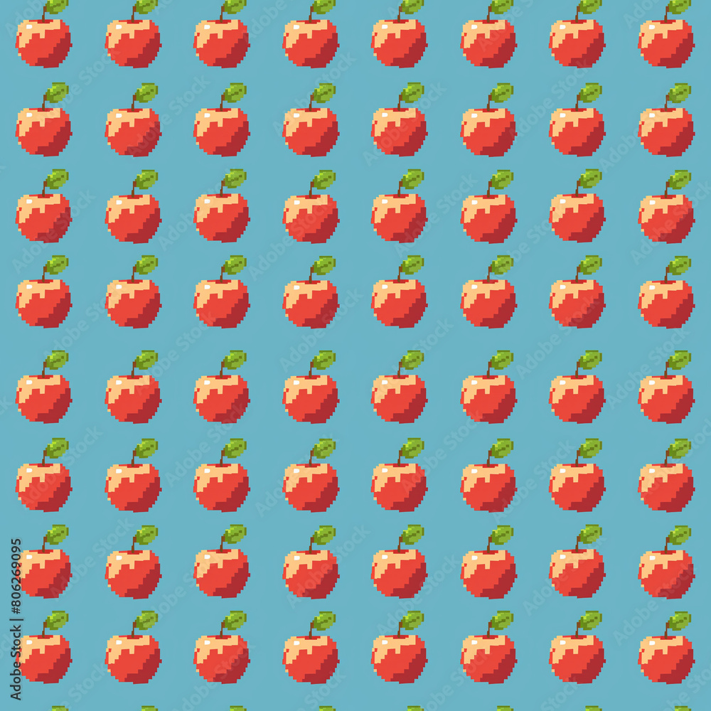 Poster a design featuring a repetitive pattern of pixelated apples set against a blue background.