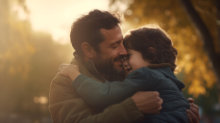 Fototapeta premium Heartwarming scene of a father and son sharing a tender embrace in a sunlit park, captured with the warmth and clarity of an HD camera