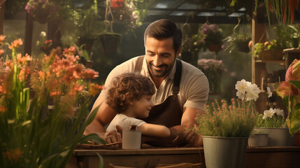 Inspiring scene of a father and son working side by side in the garden, their mutual respect and affection shining through as they nurture plants and flowers, portrayed with realistic HD detail - Powered by Adobe