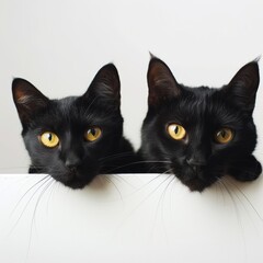 Two black Cats looking into the camera over a white banner