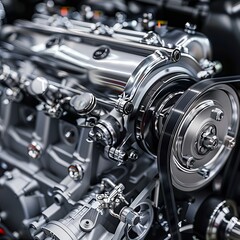 Realistic photo of an engine of a horsepower car, close-up, the engine is completely made of silver metal Job