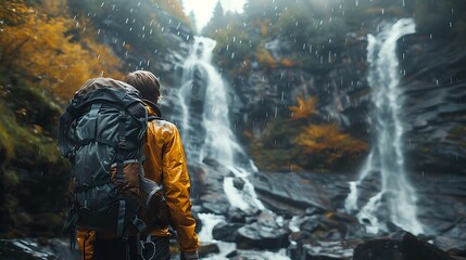 A hiker pausing to admire a waterfall cascading down rocky cliffs.
