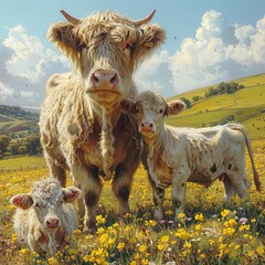 Highland cattle with calves on a flowering rapeseed meadow