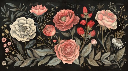 A collection of vintage-inspired floral designs, intricately detailed for use in invitations, stationary, or fabric patterns. 8k