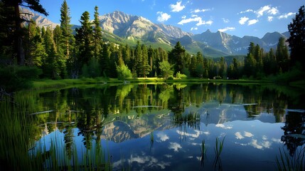 A peaceful lake reflecting the surrounding trees and mountains, a stunning nature scene for wallpaper.