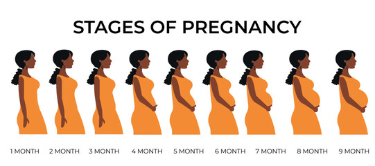 Changes in a woman's body in pregnancy 
Flat African woman wearing a yellow dress with changes in a woman's body in pregnancy. The main stages of pregnancy.