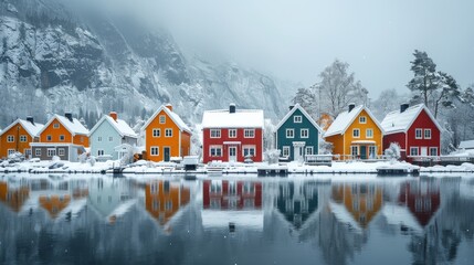 Traditional colorful Swedish houses on a fjord in winter