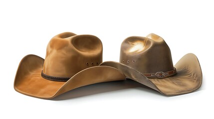 two cowboy hats, one brown and the other beige, isolated on white background