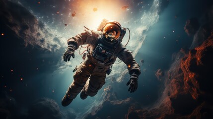 Fototapeta premium Astronaut in spacesuit against the background of the planet shine