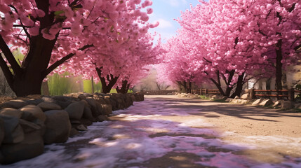 ranquil pathways lined with vibrant cherry blossoms, set against a pristine backdrop, offering a...