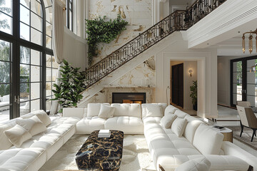 A cozy white living room with a marble staircase and vine-inspired iron railing, bringing a touch of nature indoors while maintaining a modern aesthetic.