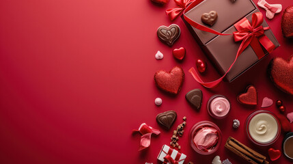valentine day concept. skin care product and chocolate on red background.