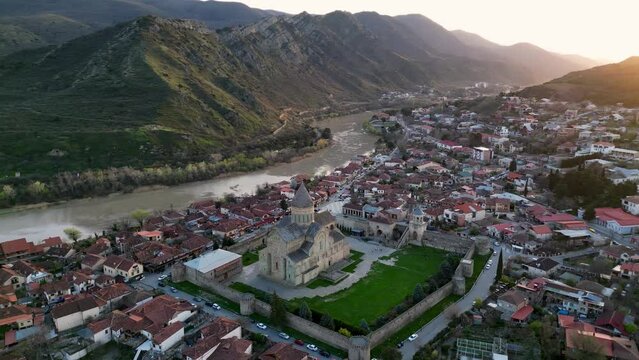 Svetitskhoveli Church, view of the city of Mtskheta, aerial view, flying around