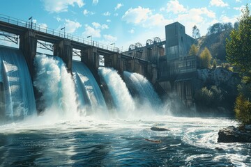 A dynamic view of a modern hydropower dam, with water cascading through its gates. 