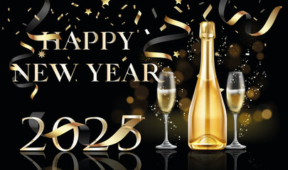 card or banner to wish a happy new year 2025 in gold with a bottle and two champagne flutes on a black background with bokeh effect circles and streamers