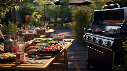 Summertime BBQ ambiance with a well-stocked grill and vibrant food spread, evoking the joy of...