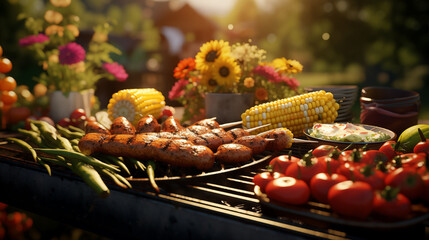Summertime BBQ ambiance with a well-stocked grill and vibrant food spread, evoking the joy of outdoor gatherings and delicious grilled delights, depicted in realistic HD imagery