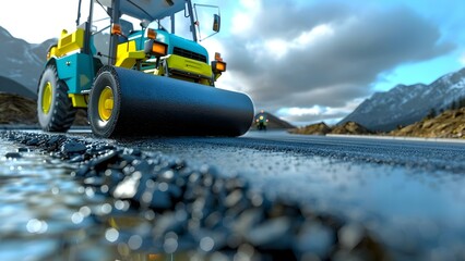Road construction using asphalt finisher with roller compactor for smooth surface. Concept Construction, Asphalt Finishing, Roller Compactor, Smooth Surface, Roadworks - obrazy, fototapety, plakaty