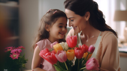 Touching moment as a little daughter lovingly presents her mother with a bouquet of tulip flowers at home, celebrating Mother's Day with heartfelt affection, captured in flawless HD clarity