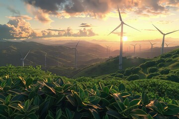 A scene depicting towering wind turbines against the backdrop of a breathtaking sunset. 