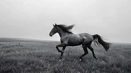 A regal horse galloping across an open field, its mane flowing in the wind as it races towards the horizon.