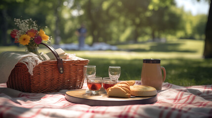 Warm and inviting Father's Day picnic scene in a sunlit park, complete with a checked blanket and a basket filled with treats, captured in stunning HD clarity
