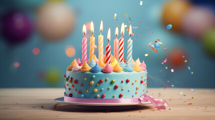 Whimsical birthday cake with colorful candles, set against a soft pastel blue background, offering a delightful and festive touch to celebratory gatherings, portrayed in lifelike HD clarity