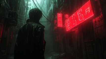 A dark and rainy alleyway with a red neon sign.