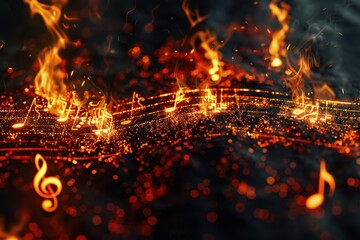 An artistic composition where fire sparks are captured in a way that resembles musical notes on a score. 