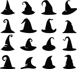 magic hat set, wizard hat, witch hat for Halloween decoration, Focus, circus symbol. Abracadabra, magical trick sign. flat style. Flat design. Magician Hat vector template on transparent background.