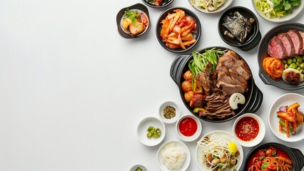 Fototapeta na wymiar Assortment of Korean traditional dishes on white table background. Asian food. Top view