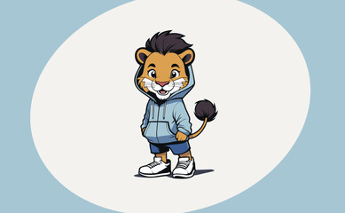 premium vector of cartoon character, lion with coat, cute sneakers, mascot logo.