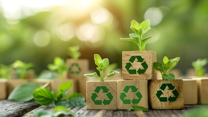 Ecofriendly office with wooden blocks featuring green recycling symbols for sustainability. Concept Eco-friendly Office Design, Sustainable Workspace, Wooden Blocks Decor, Recycling Symbols