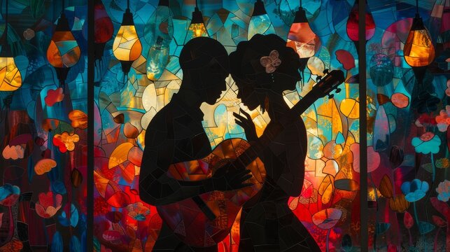 A man and woman are playing the guitar and singing. The background is colorful and looks like a stained glass window.
