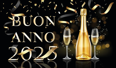 biglietto o banner per augurare un felice anno nuovo 2025 in oro con una bottiglia e due flute di champagne su sfondo nero con cerchi e stelle filanti effetto bokeh
