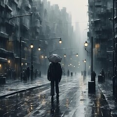 AI generated illustration of a man in rain on street with umbrella