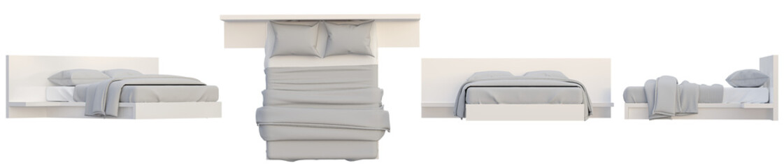 bedroom set from various angles, 3D rendering, interior lighting mood, transparent background