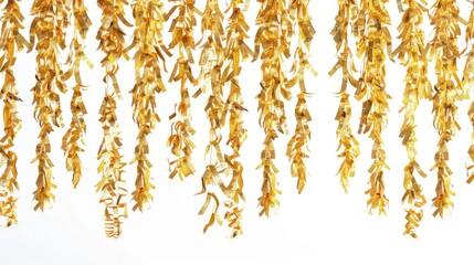 Decorative gold party streamers hanging over white background 8k