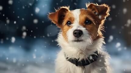 Cute Jack Russell Terrier dog on winter background with falling snow