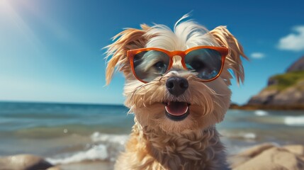 Cute dog with sunglasses on the beach. Close-up.