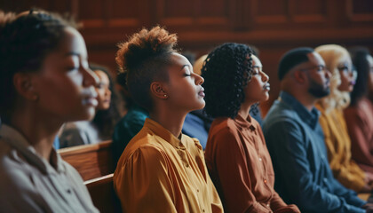 of individuals from different backgrounds coming together for a prayer meeting in a church, showcasing community and unity, church, conference, with copy space