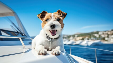 Jack russell terrier dog on a yacht in the sea