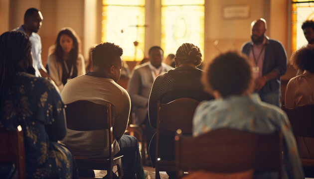 of individuals from different backgrounds coming together for a prayer meeting in a church, showcasing community and unity, church, conference, with copy space