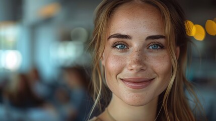 Radiant Young Woman with Freckles Smiling in a Cozy Cafe Environment